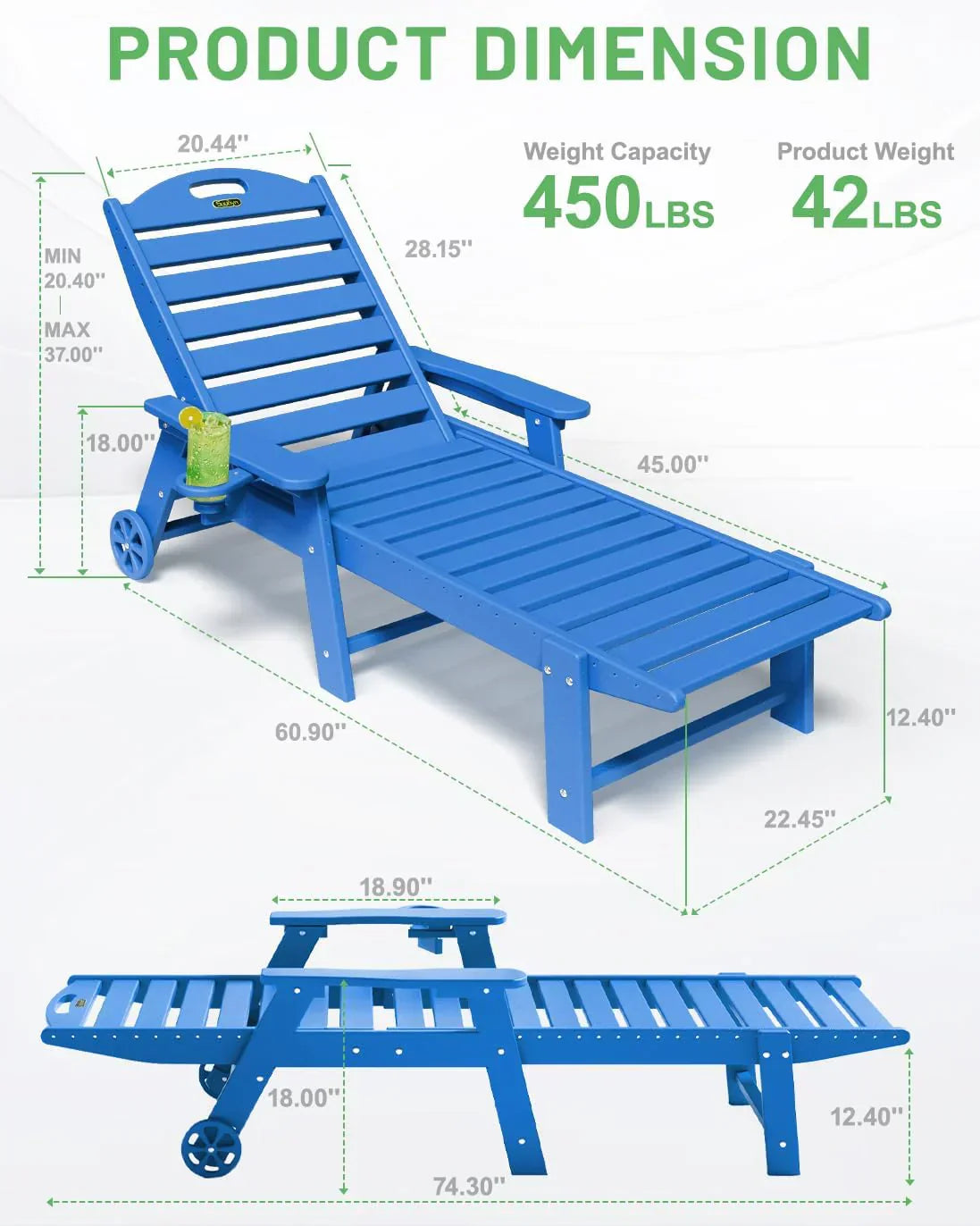 SUUNYN HDPE 6-Position Outdoor Chaise Lounge Chair With Wheels And Cup Holder - Teak