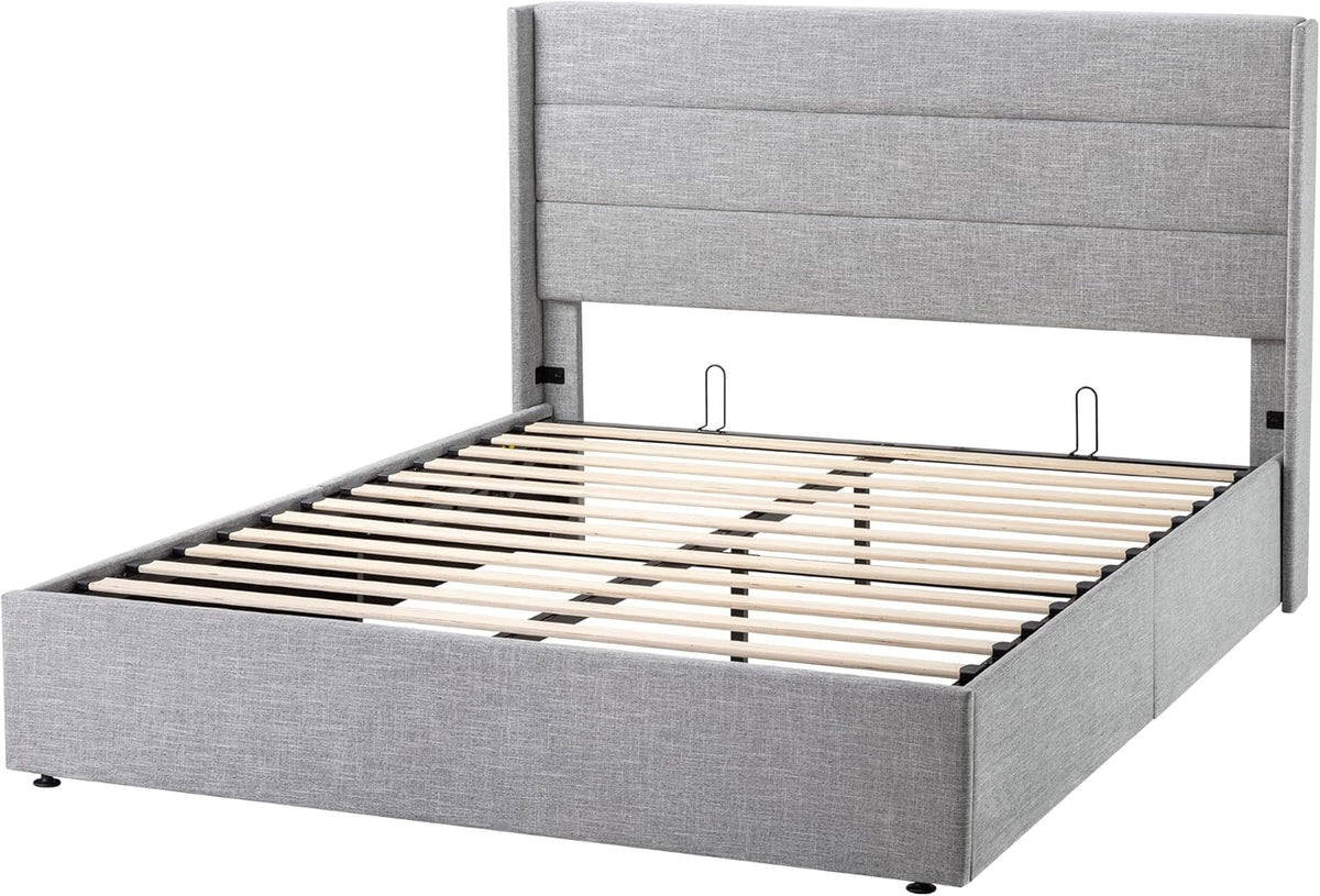 Queen Size Lift-Up Storage Bed With Wingback Headboard, Upholstered Platform Bed Frame With Hidden Storage