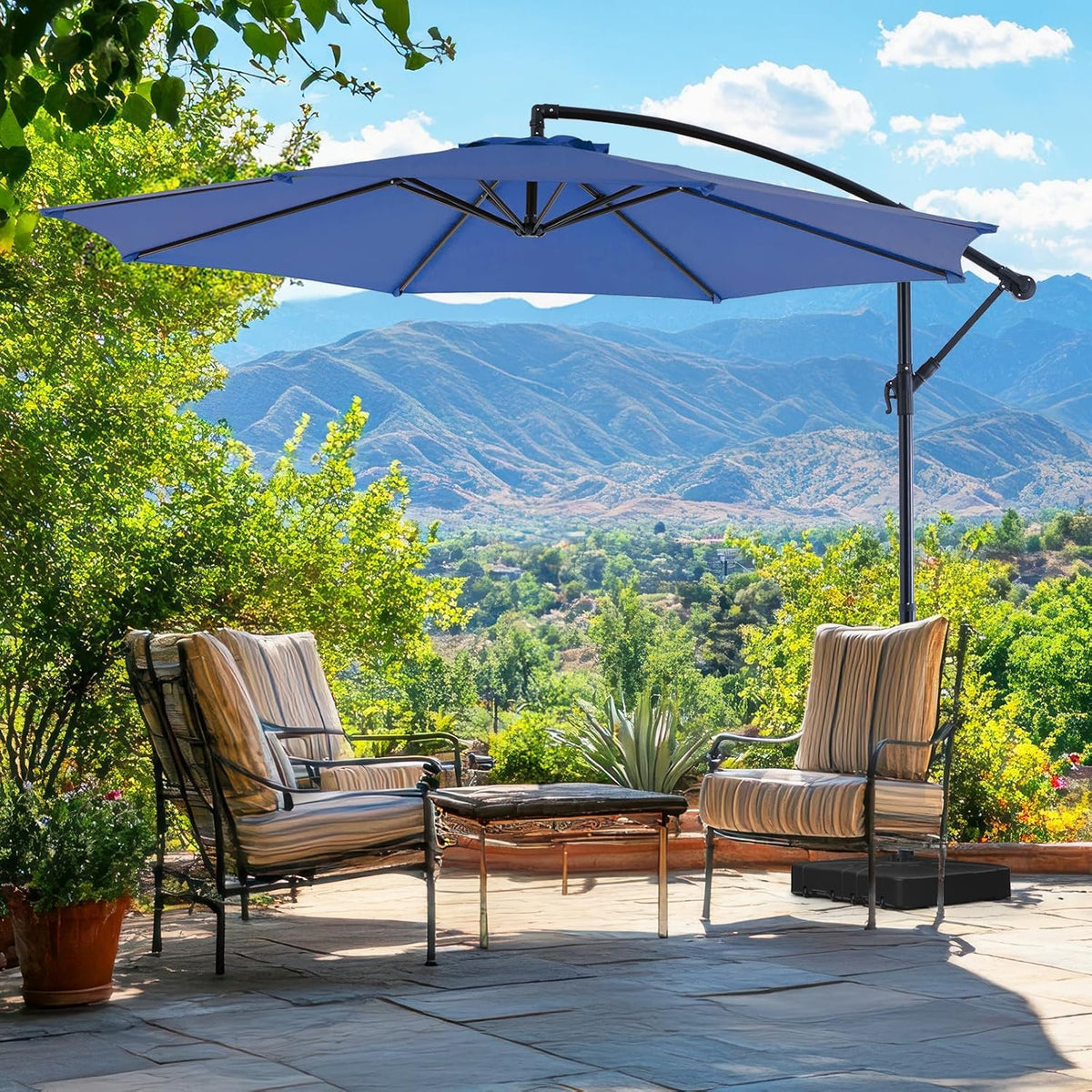 Sweetcrispy 9.8FT Offset Patio Umbrella With Easy Tilt Adjustment, 8 Ribs, Blue