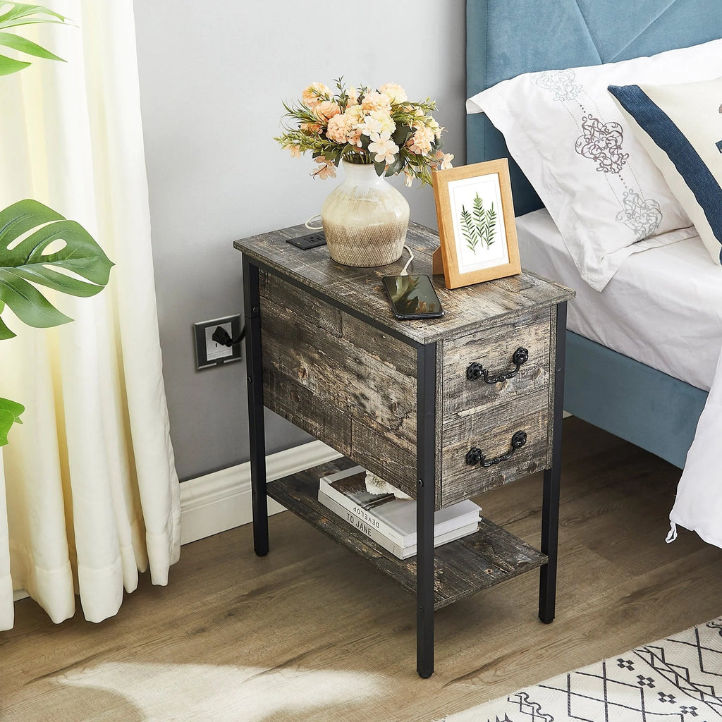 Narrow End Table With Charging Station, 2 Drawers, 19.6 in L x 11.8 in W x 23.6 in H, Gray/Black - 1-pcs / 2-pcs