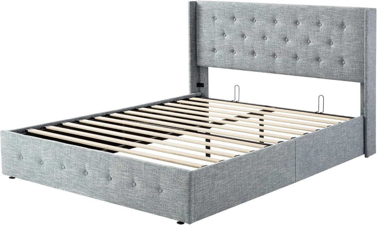 Queen Size Lift-Up Storage Bed With Wingback Headboard, Upholstered Platform Bed Frame With Hidden Storage