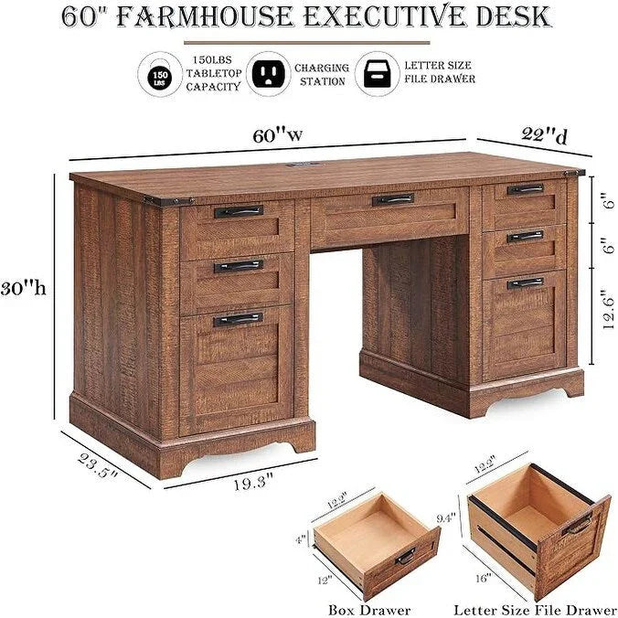 60' Farmhouse Wood Executive Computer Desk - 22'D x 60'W x 30'H