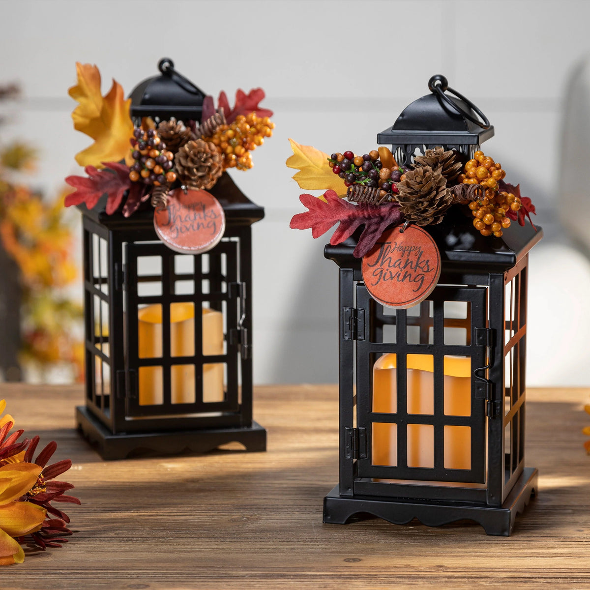 Set Of 2 Autumn Metal Lanterns With Fall Floral Accents And LED Candles