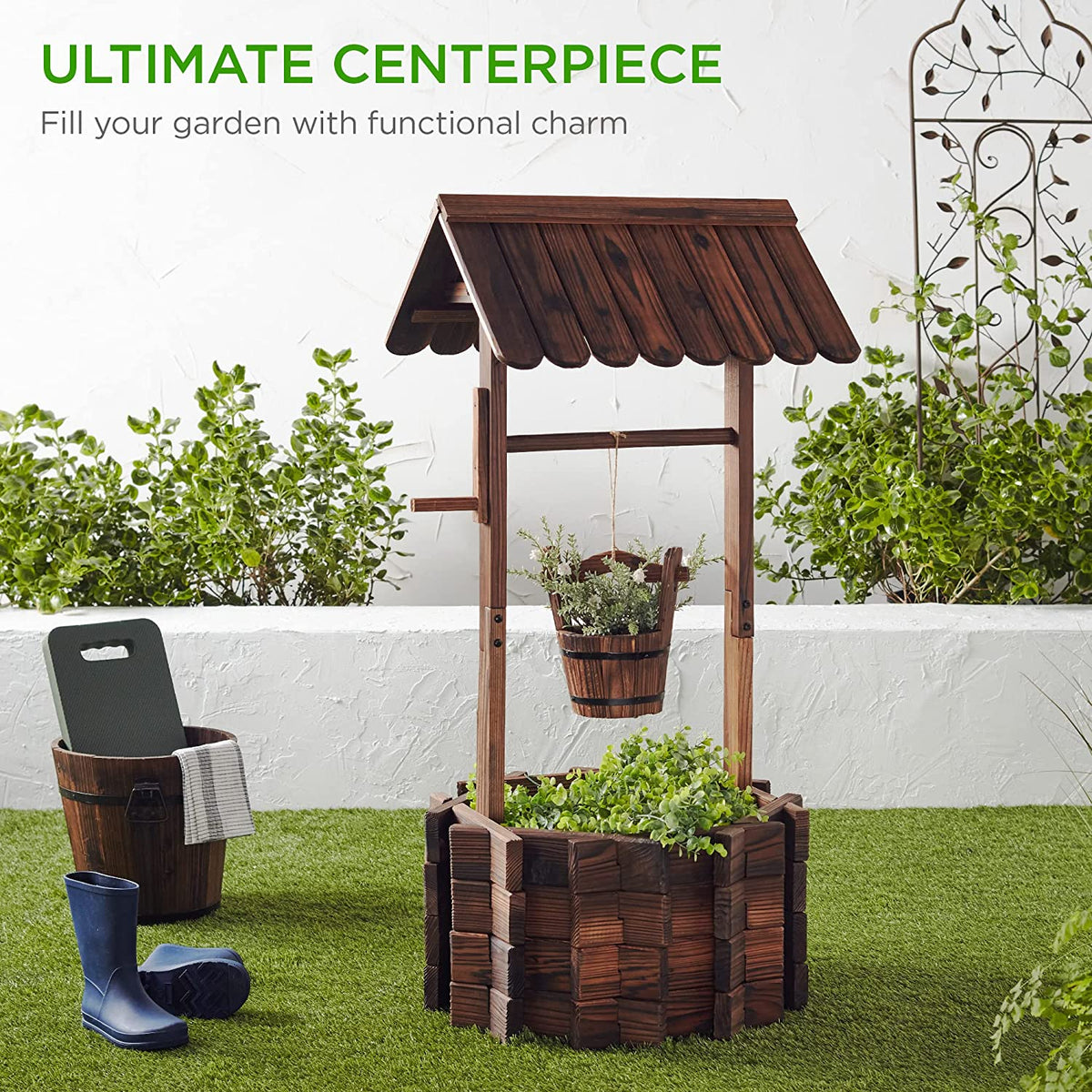 Best Choice Products Rustic Wooden Wishing Well Planter With Hanging Bucket - 21.5 x 21.5 x 45.5 in