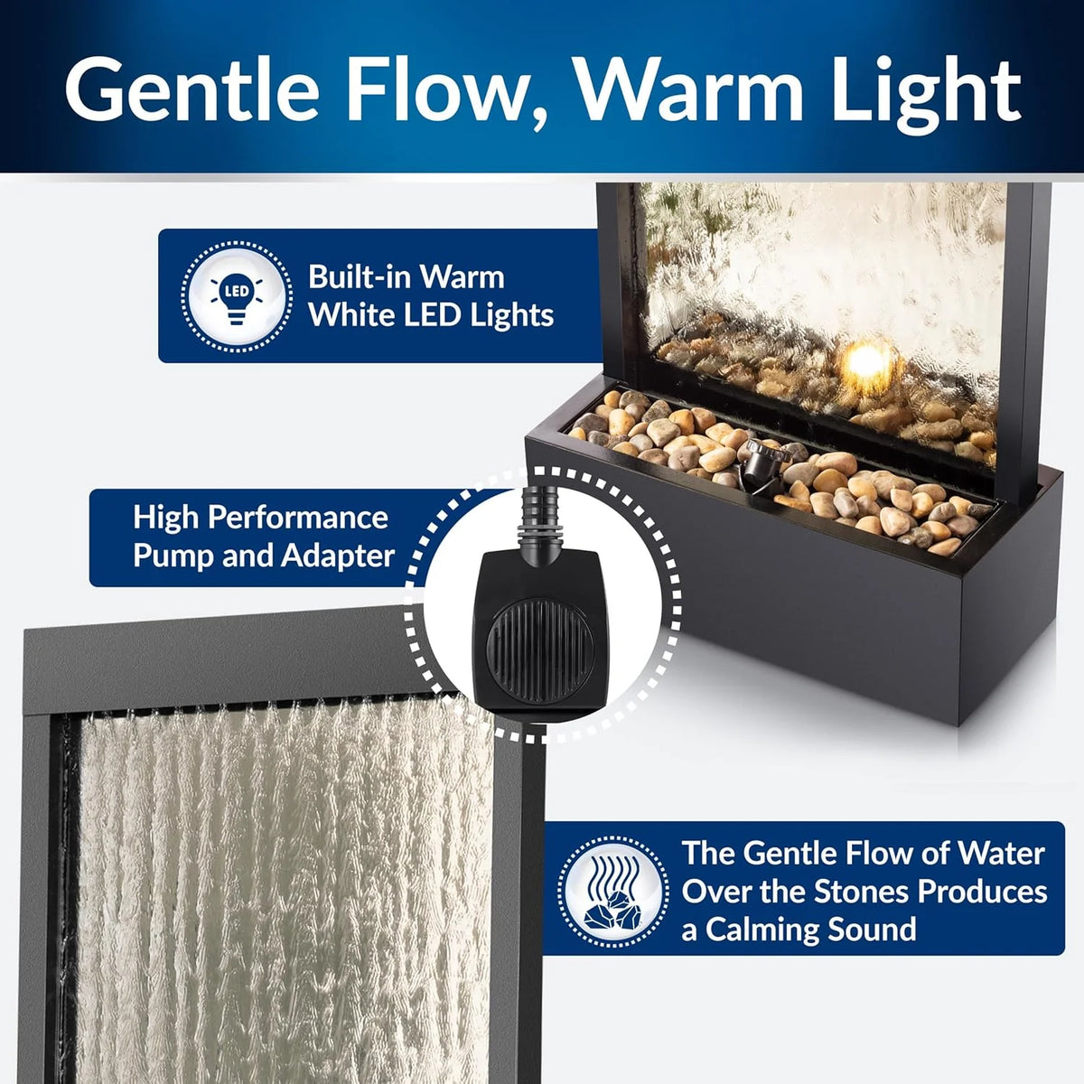 Alpine Corporation Wall-Mounted Mirror Waterfall Fountain With Stones And LED Lights, 24in L x 10in W x 72in H, Silver