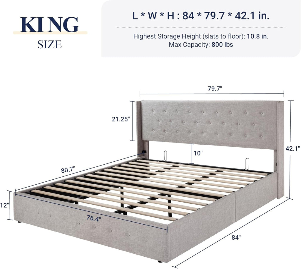Queen Size Lift-Up Storage Bed With Wingback Headboard, Upholstered Platform Bed Frame With Hidden Storage