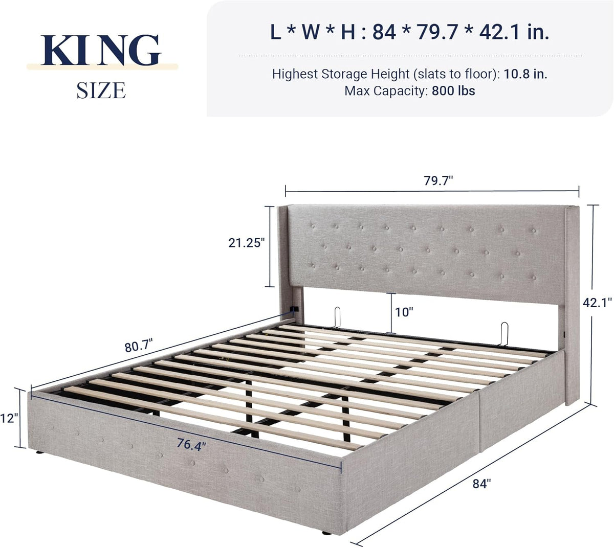 Queen Size Lift-Up Storage Bed With Wingback Headboard, Upholstered Platform Bed Frame With Hidden Storage