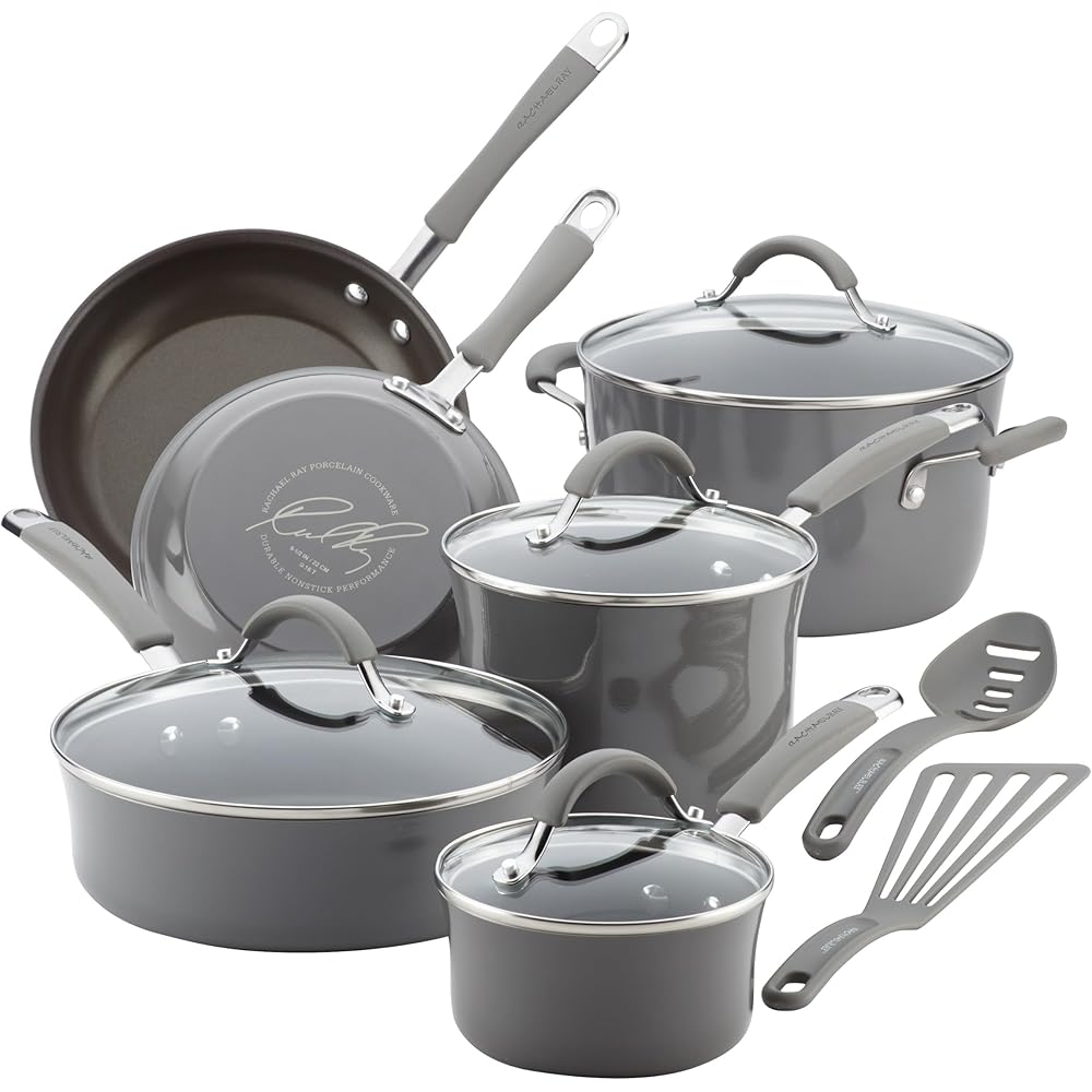 Rachael Ray Cucina Nonstick Cookware Set, 12 Piece, Sea Salt Gray - 16802