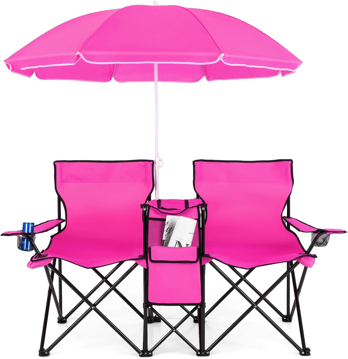 Double Folding Camping Loveseat Chairs With Umbrella, Mini Table And Cooler Bag