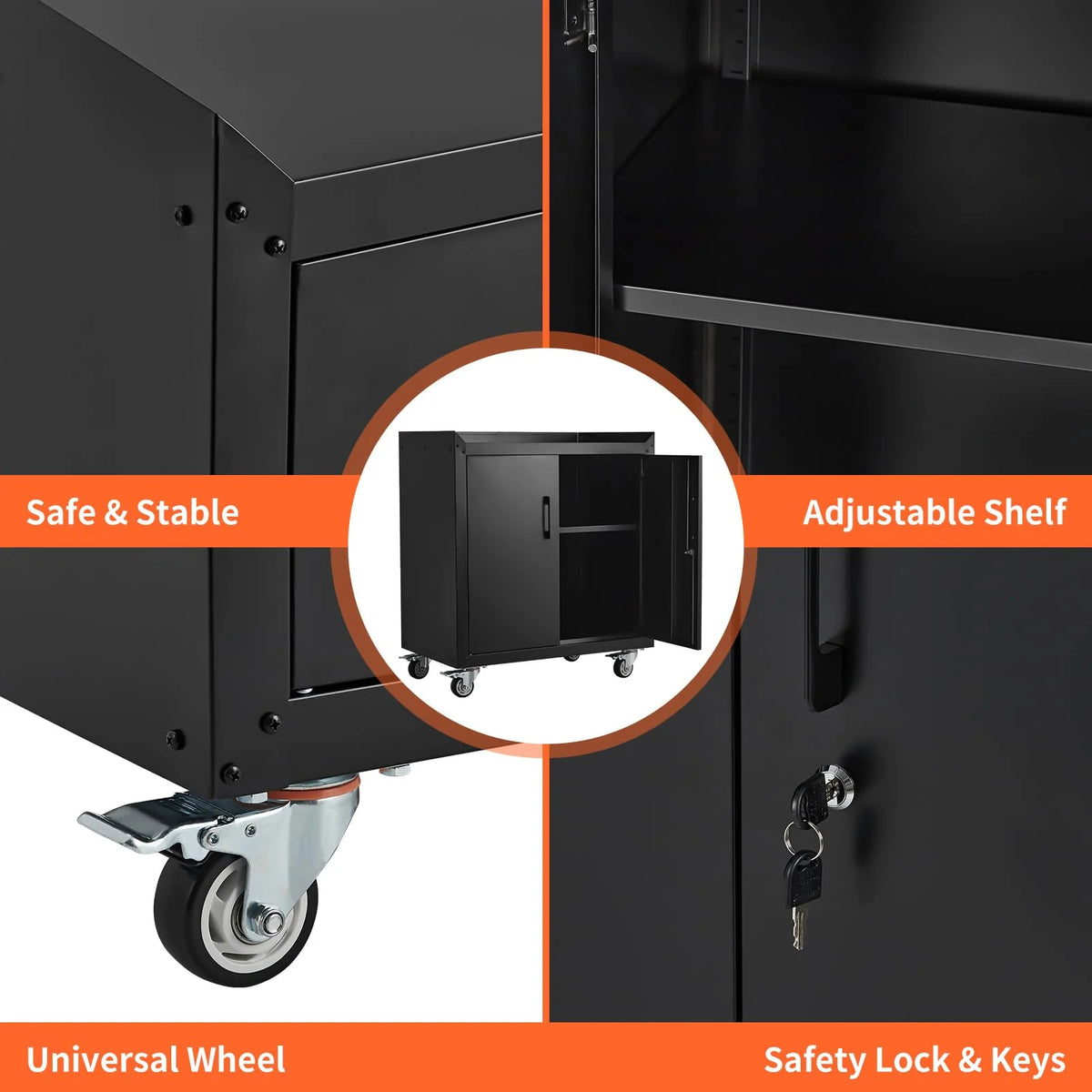 Lockable Metal Garage Storage Cabinet With Wheels, 2 Doors, 34 H X 30.3 L X 18 W - Garage Storage Cabinets