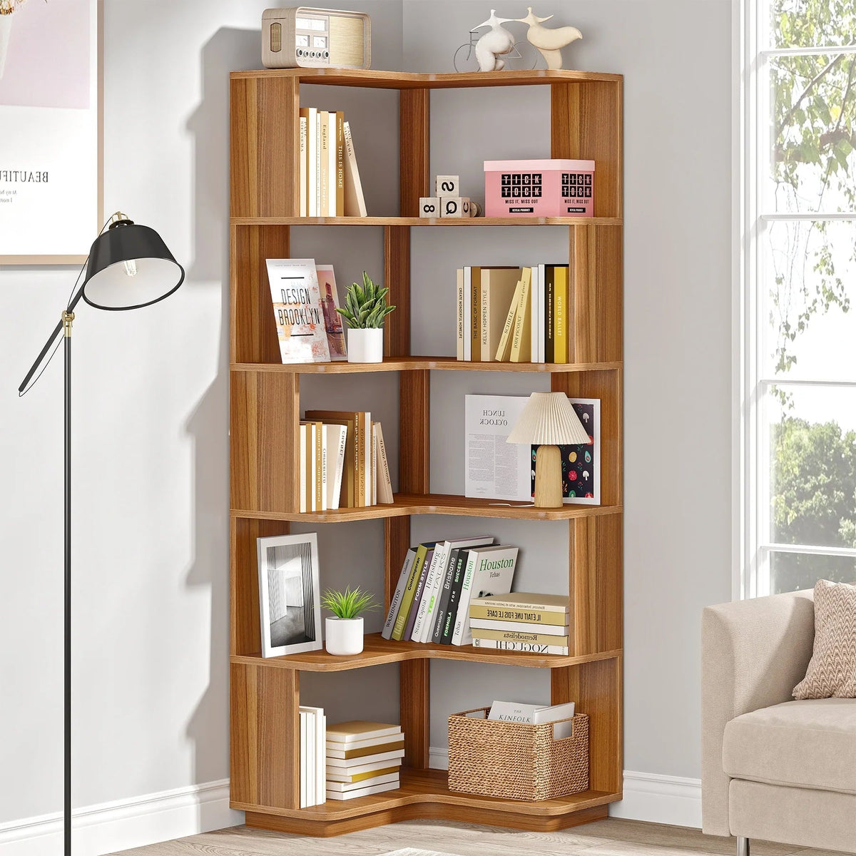 6-Tier Corner Bookshelf, 64.9 Inch Tall, Freestanding Wood Industrial Bookcase