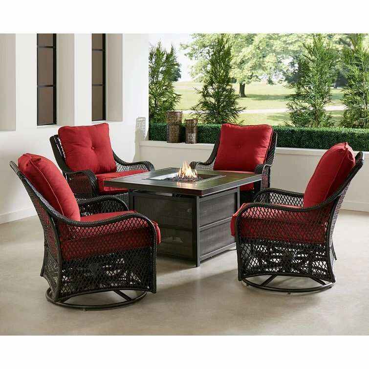 Hanover Orleans 5-Piece Steel Patio Fire Pit Conversation Set With Navy Blue Cushions, Swivel Gliders And Square Fire Pit Table