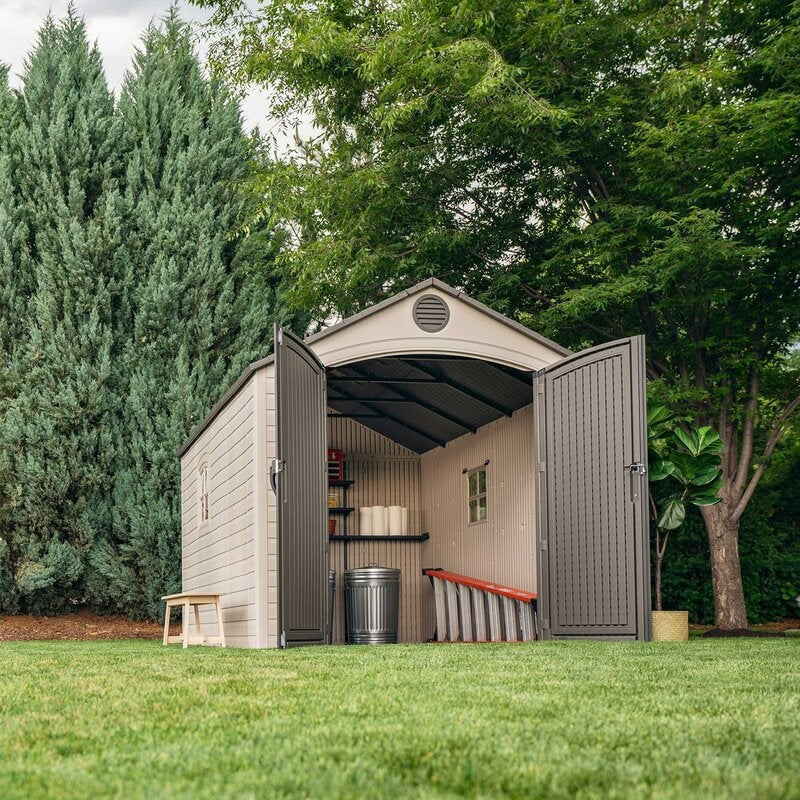 Plastic Storage Shed, 8 ft. W x 12.5 ft. D, Desert Tan And Dark Brown