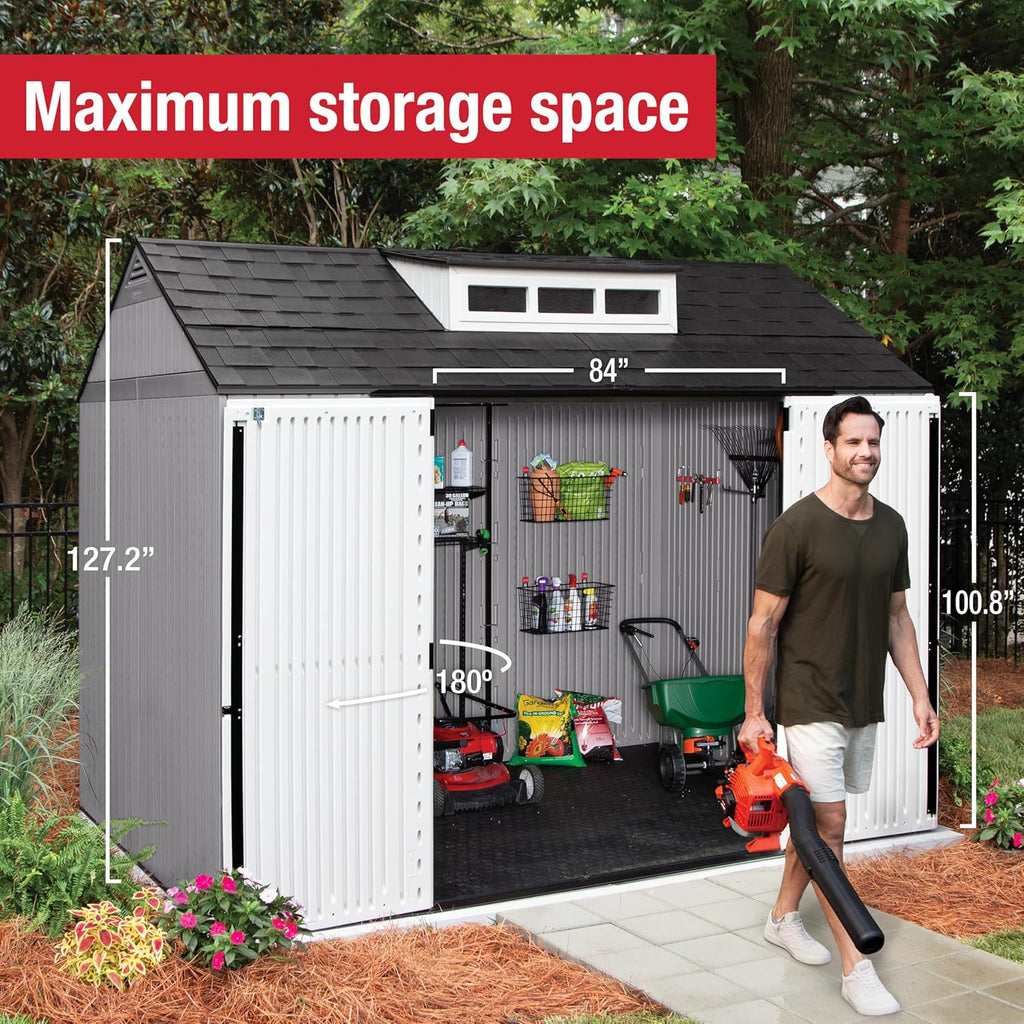 Rubbermaid Resin Outdoor Storage Shed With Floor, 7x7 ft, Gray
