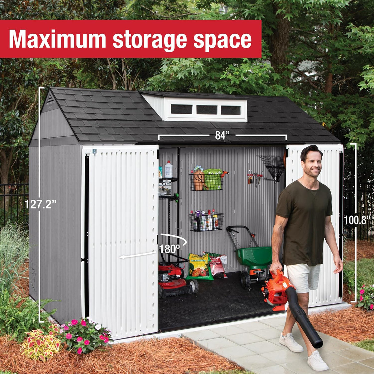 Rubbermaid Resin Outdoor Storage Shed With Floor, 7x7 ft, Gray