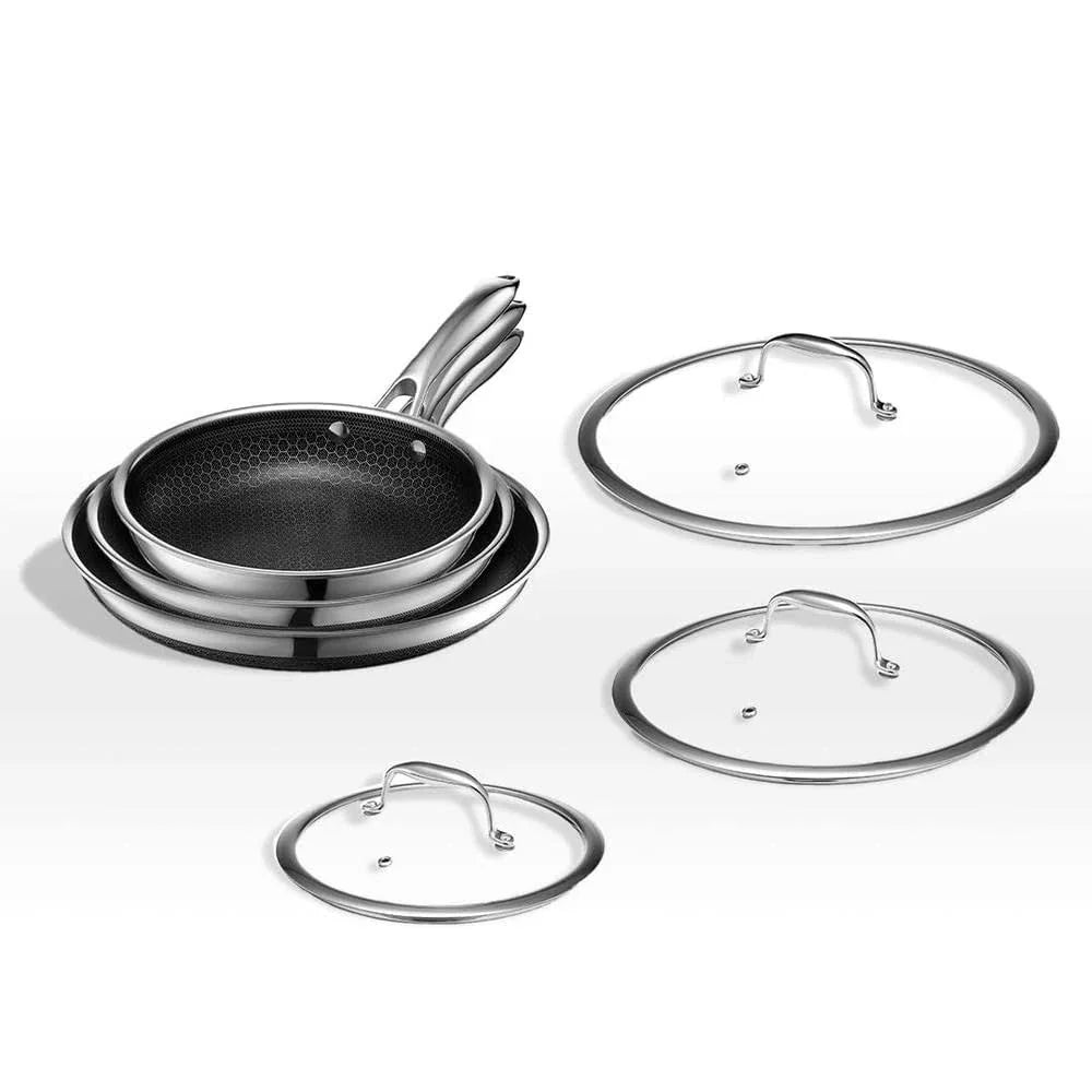 HexClad Hybrid Stainless Steel Cookware Pan Set, 6 Piece, 8 inch, 10 inch, 12 inch, Glass Lids, Black