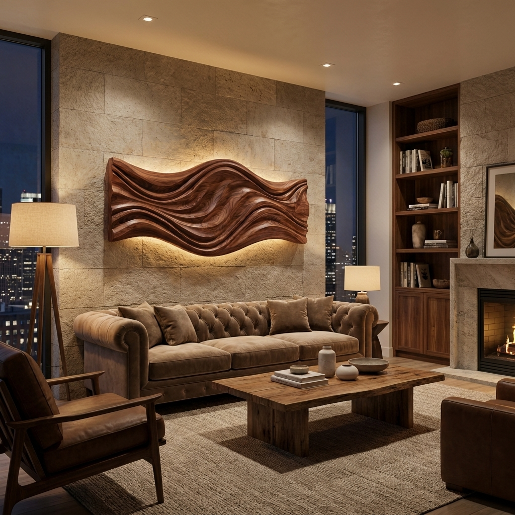 Artistic Wood Wall Art With Carved Wavy For Family Room