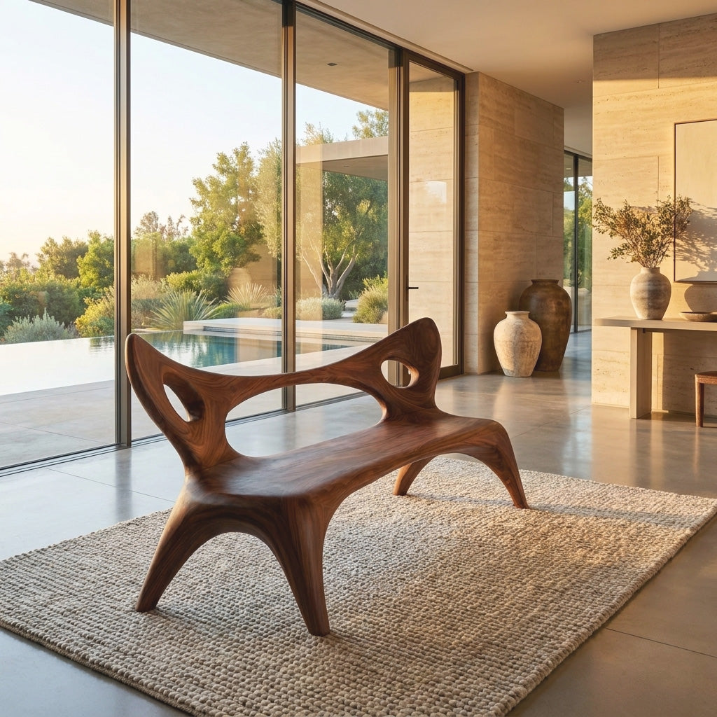 Artistic Wood Bench With Sculptural Backrest For Living Room
