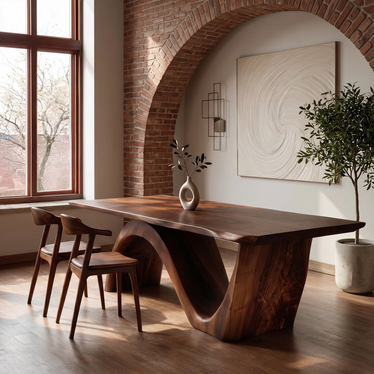 Contemporary Curved Base Wood Dining Table For Dining Area