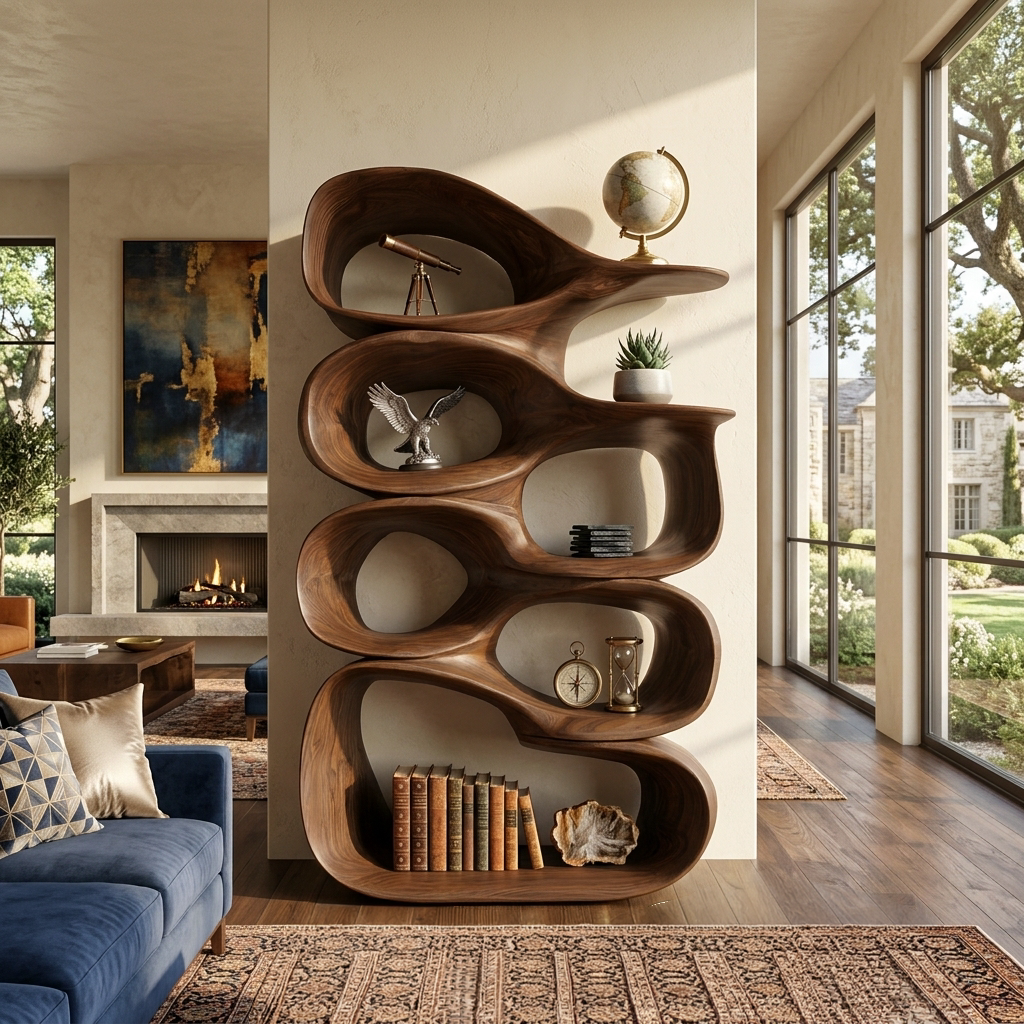 Artistic Wooden Bookshelf With Sculptural Display Shelving For Home Decor