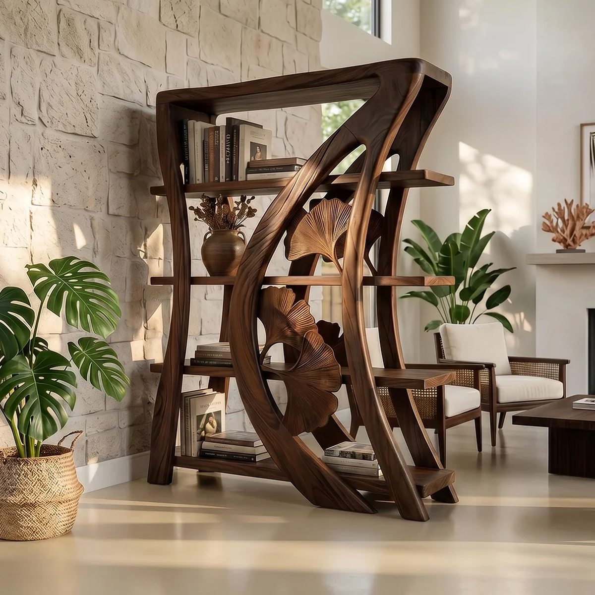 Artistic Wooden Bookcase With Botanical Sculpture Design