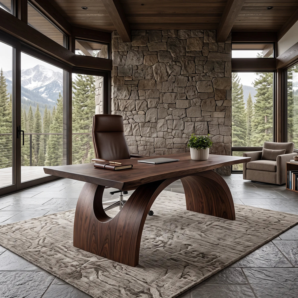 Contemporary Desk With Double Arch Sculptural Base For Home Office
