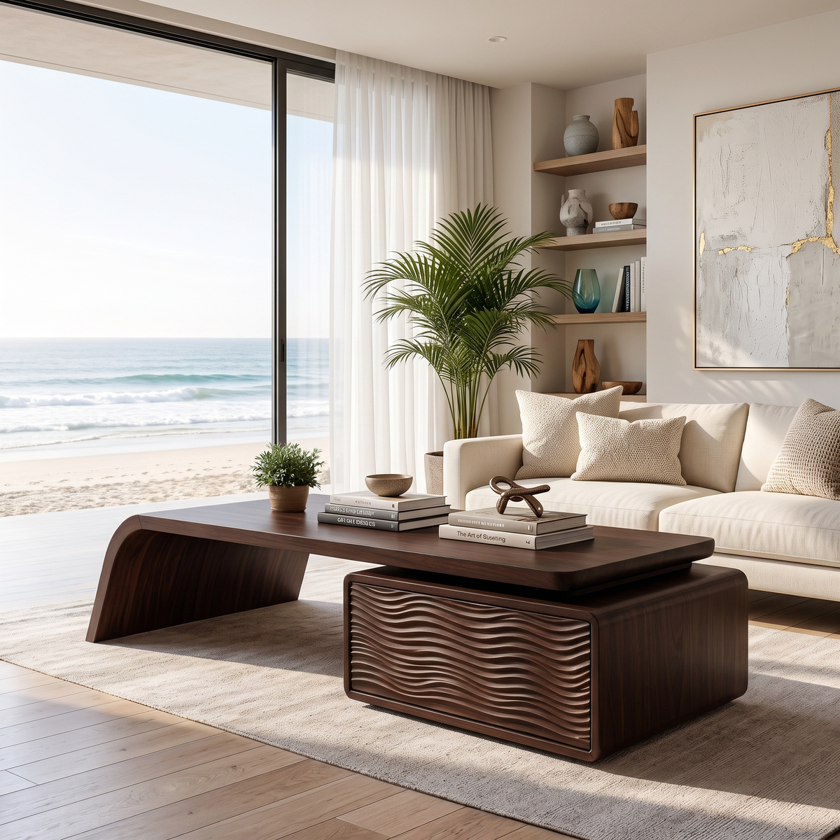 Artistic Wood Coffee Table With Drawers For Living Room