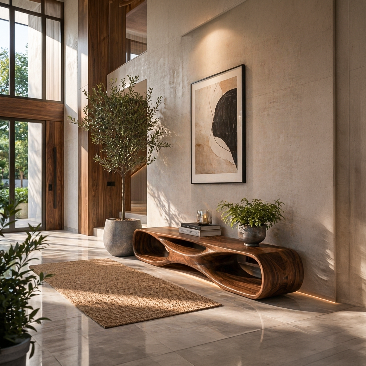Artistic Wooden Bench With Organic Shape For Hallway