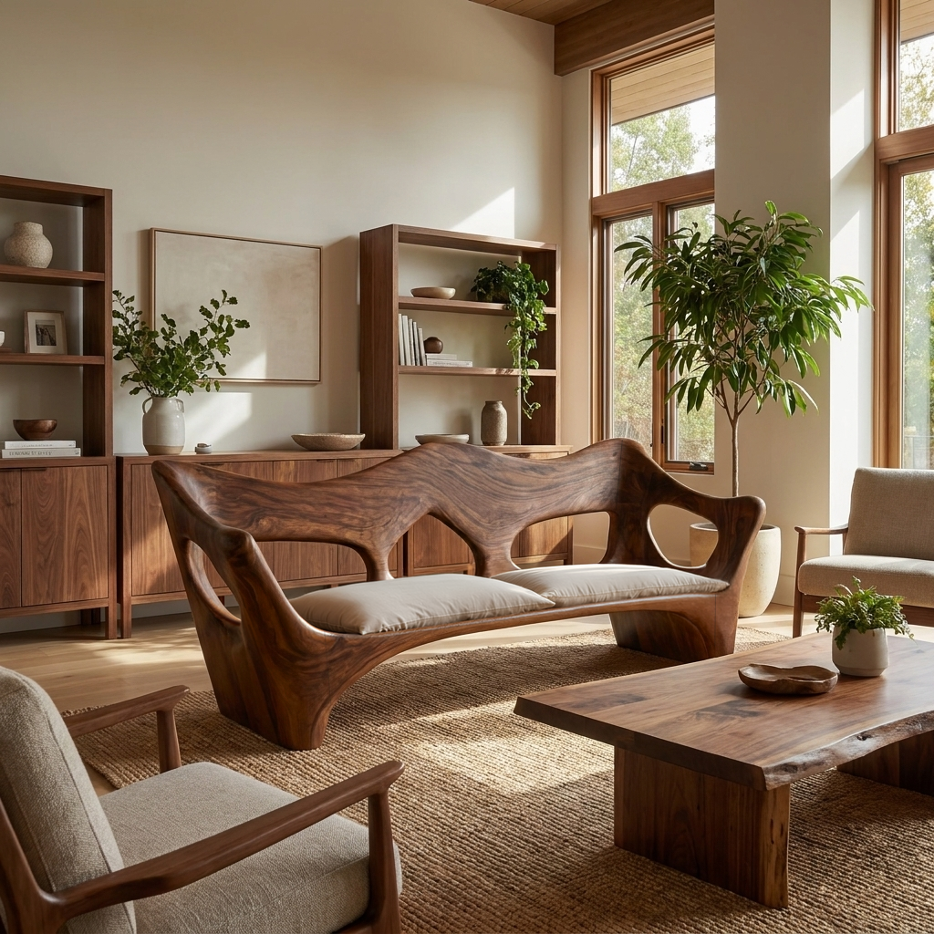 Artistic Wooden Sofa With Curved Backrest For Home Space