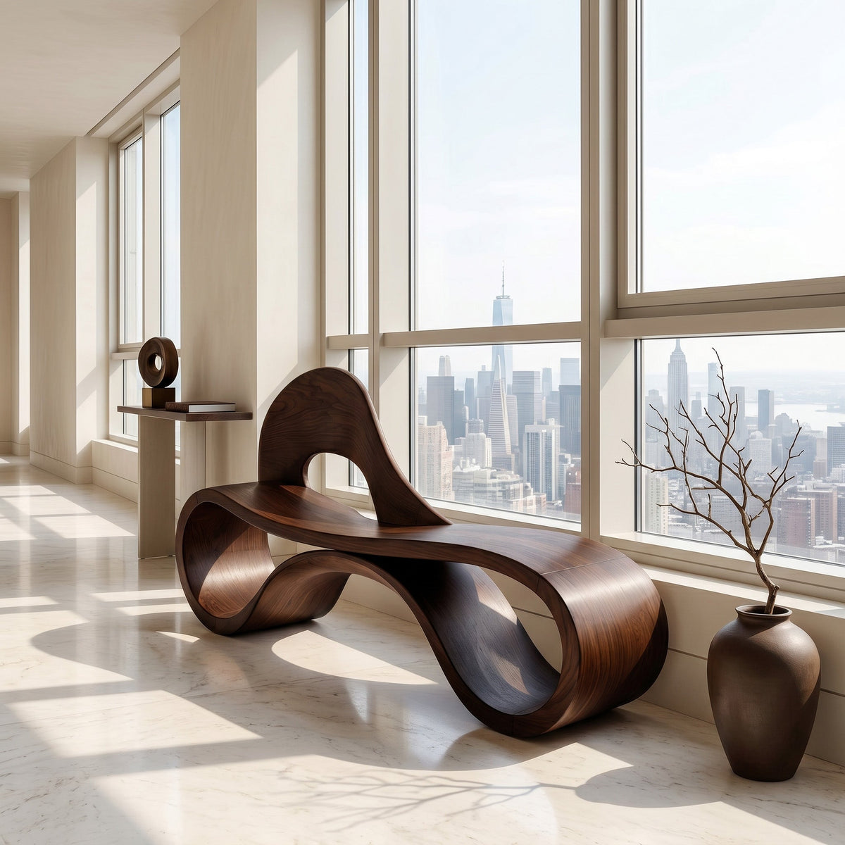 Artistic Wooden Bench With Flowing Sculpture For Luxury Interior