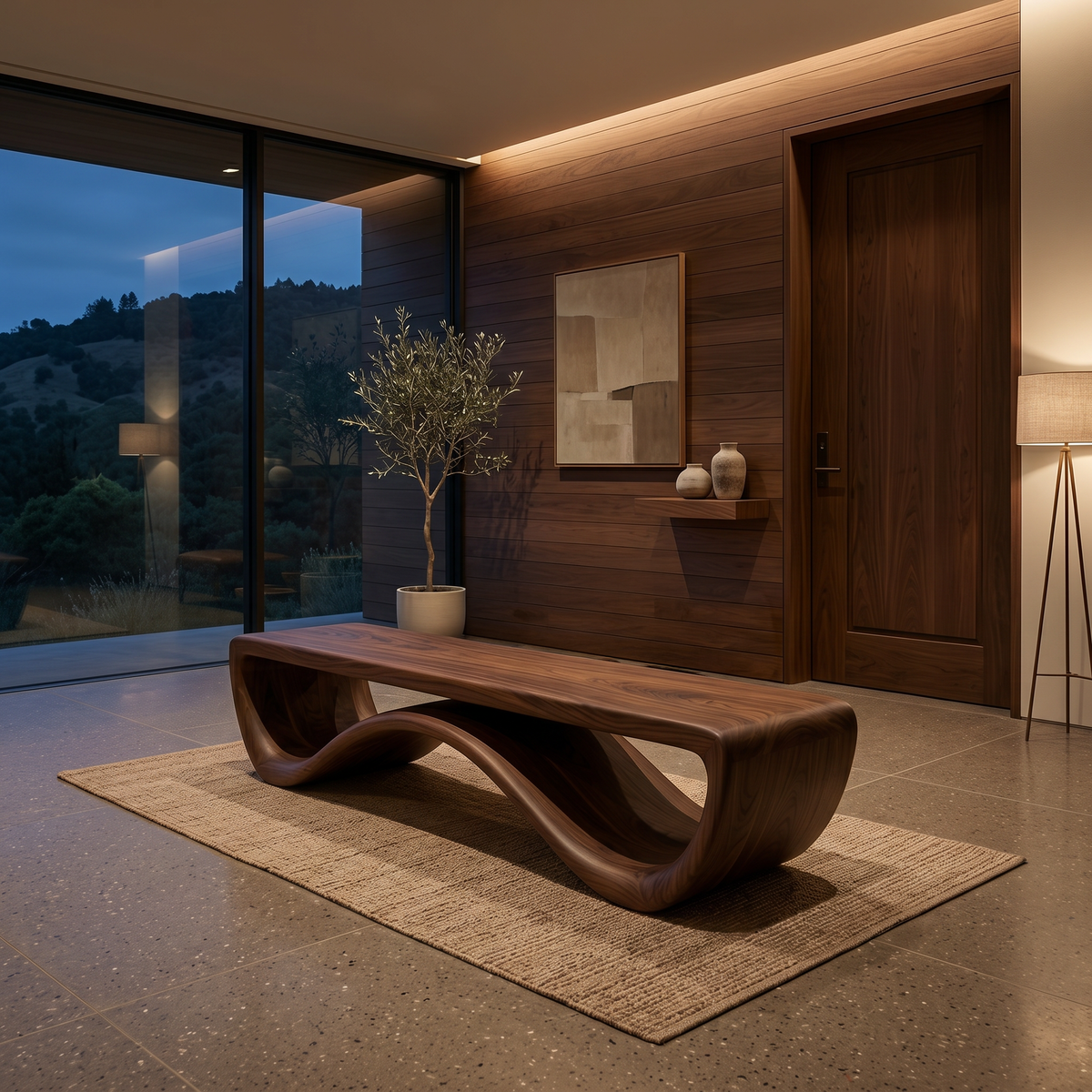 Artistic Wooden Bench With Unique Flowing Base For Modern Home