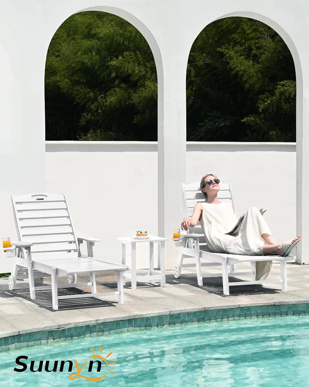 SUUNYN HDPE 6-Position Outdoor Chaise Lounge Chair With Wheels And Cup Holder - Teak