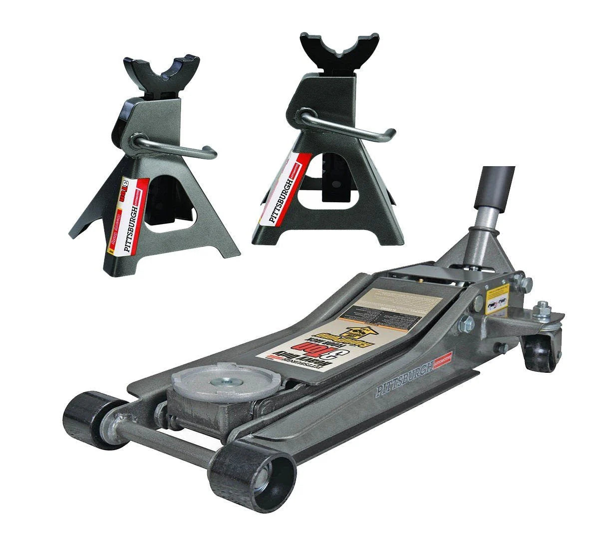 Pittsburg 3 Ton Low Profile Floor Jack And Jack Stands Set With Rapid Pump Quick Lift