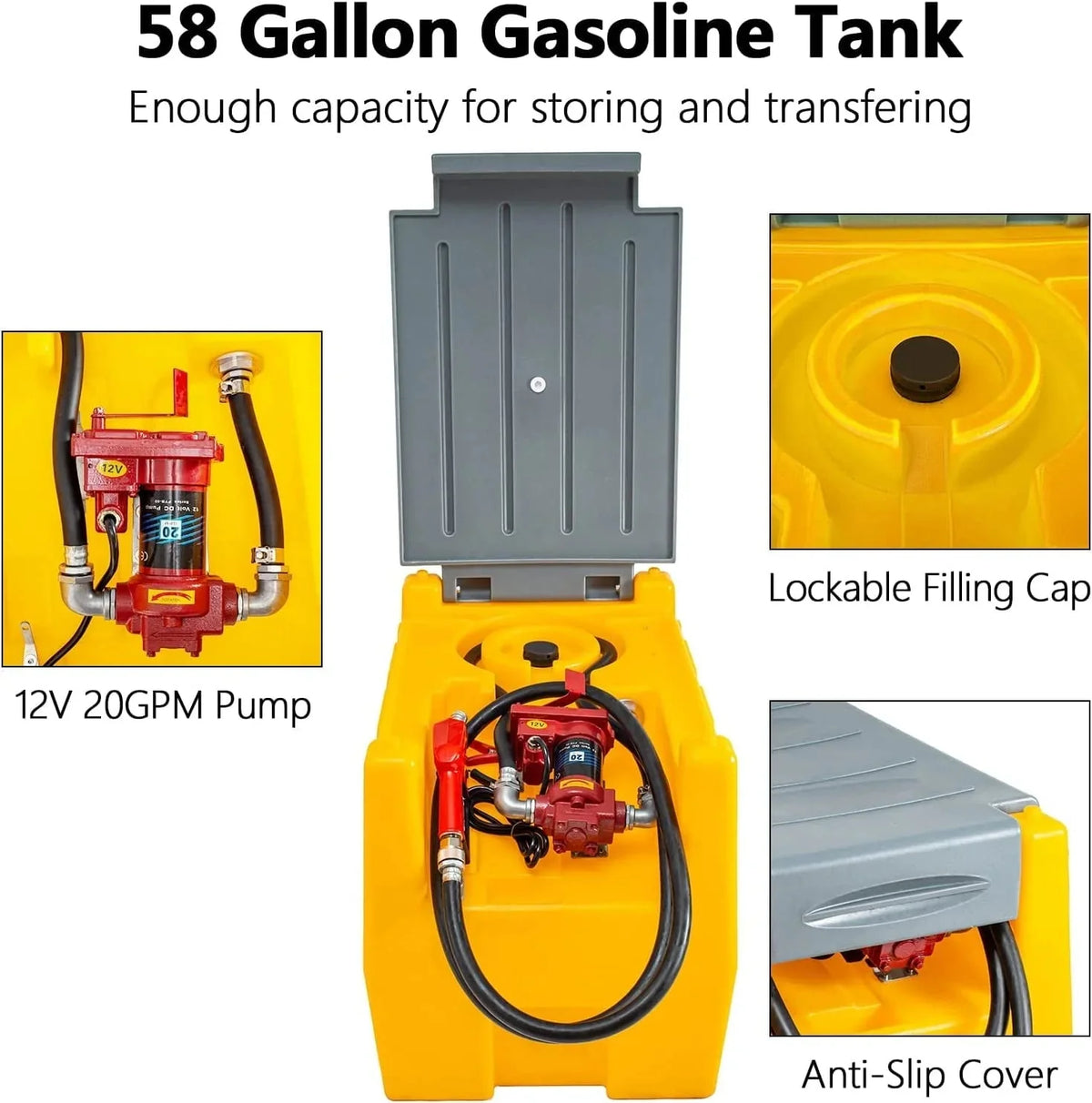 TECSPACE Portable Gasoline Tank, 58 Gallon, 12V Pump, 40 GPM, 4 Meters Hose, Yellow - VVSV