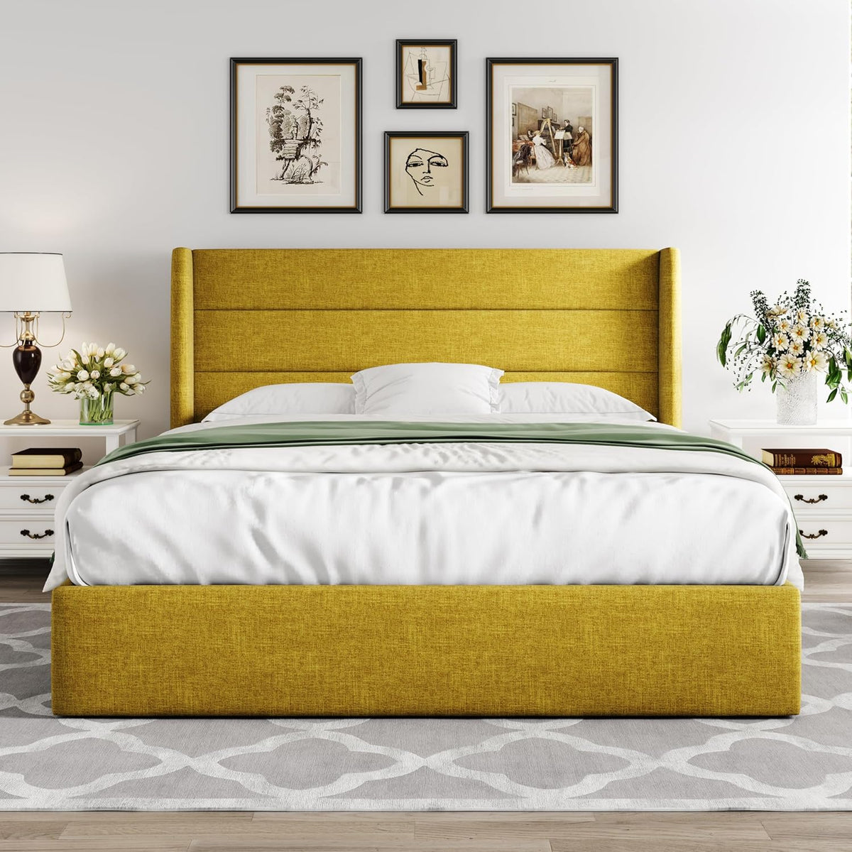 Queen Size Lift-Up Storage Bed With Wingback Headboard, Upholstered Platform Bed Frame With Hidden Storage
