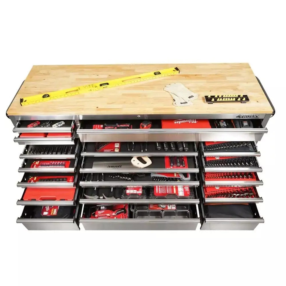 72-Inch 18-Drawer Mobile Workbench, 24-Inch Deep, Solid Wood Top, Stainless Steel Finish