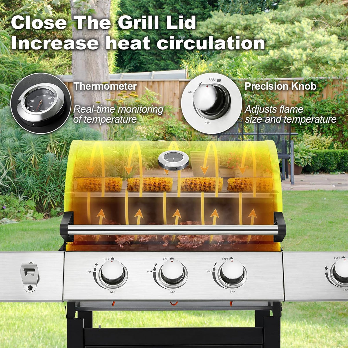 MELLCOM 4 Burner Propane Gas Grill With Cast Iron Grates And Side Stove, 44,000 BTU, Black - BBQ-4+1