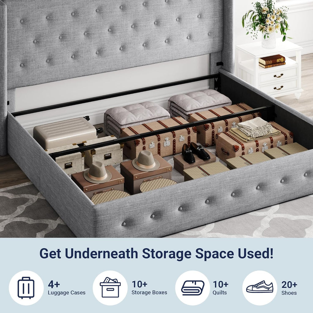 Queen Size Lift-Up Storage Bed With Wingback Headboard, Upholstered Platform Bed Frame With Hidden Storage