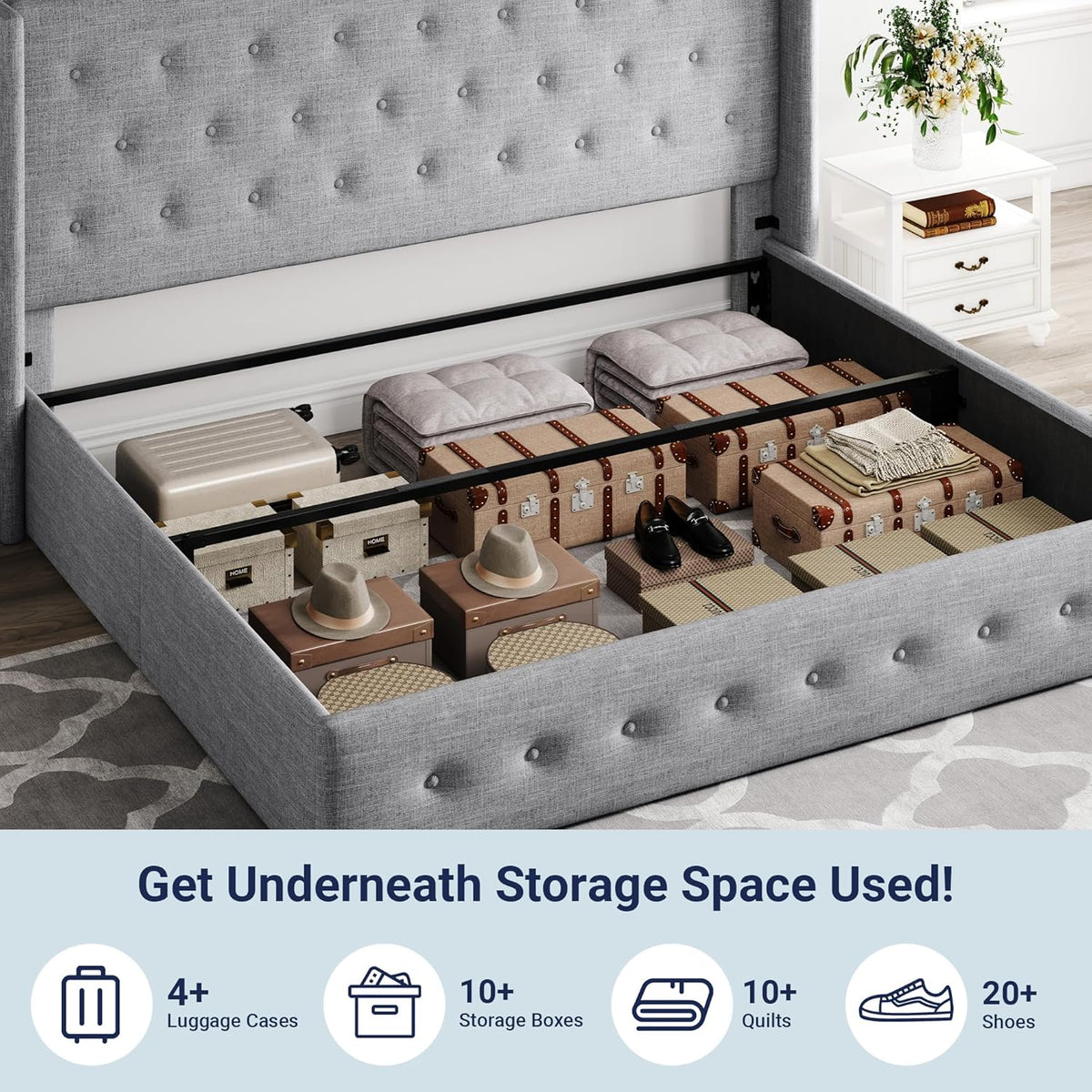 Queen Size Lift-Up Storage Bed With Wingback Headboard, Upholstered Platform Bed Frame With Hidden Storage