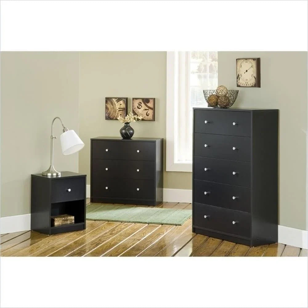 3-Piece Scandinavian Engineered Wood Bedroom Furniture Set With Black 6-Drawer Dresser, 3-Drawer Chest And Nightstand