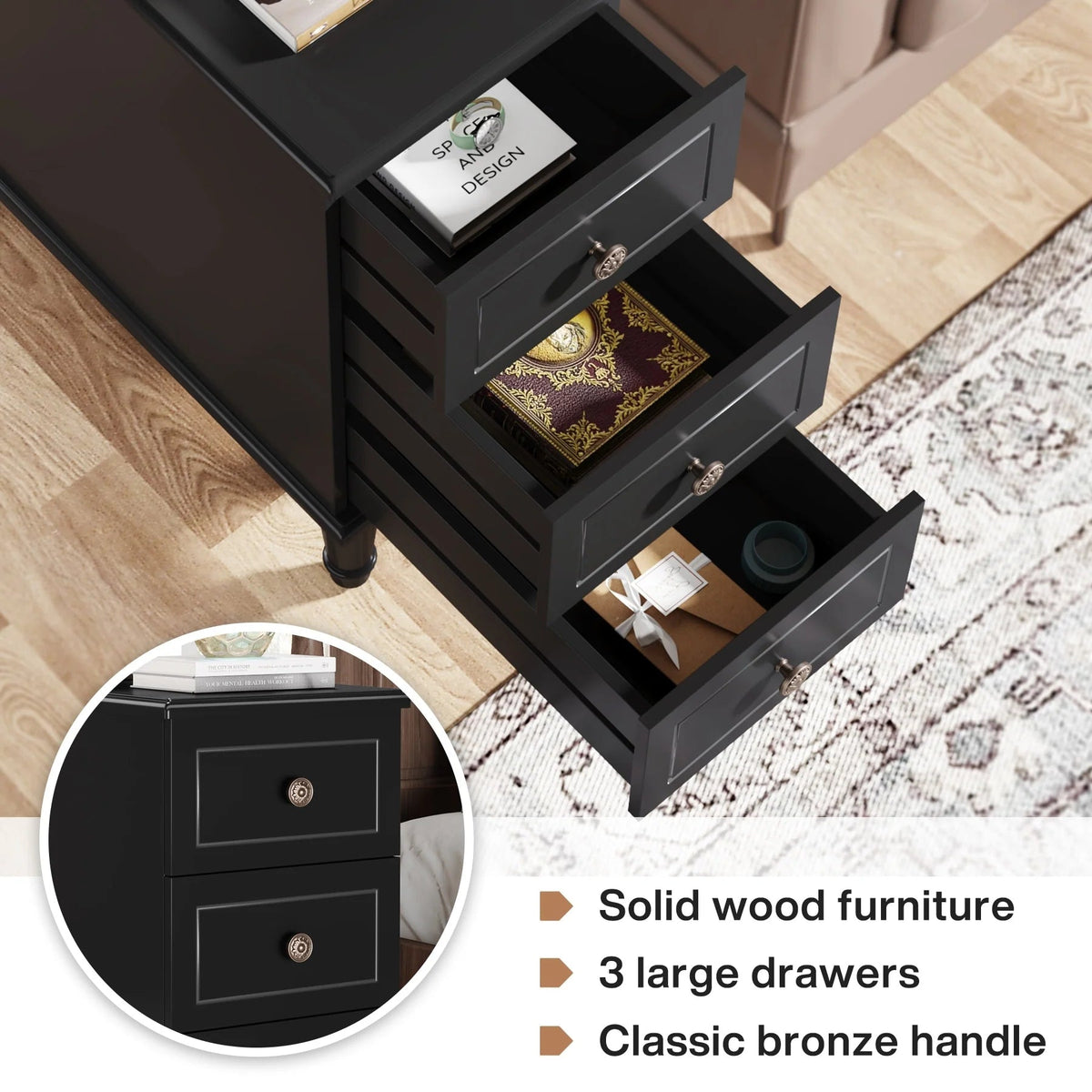 Solid Wood Narrow End Table With 3 Drawers - Fully Assembled