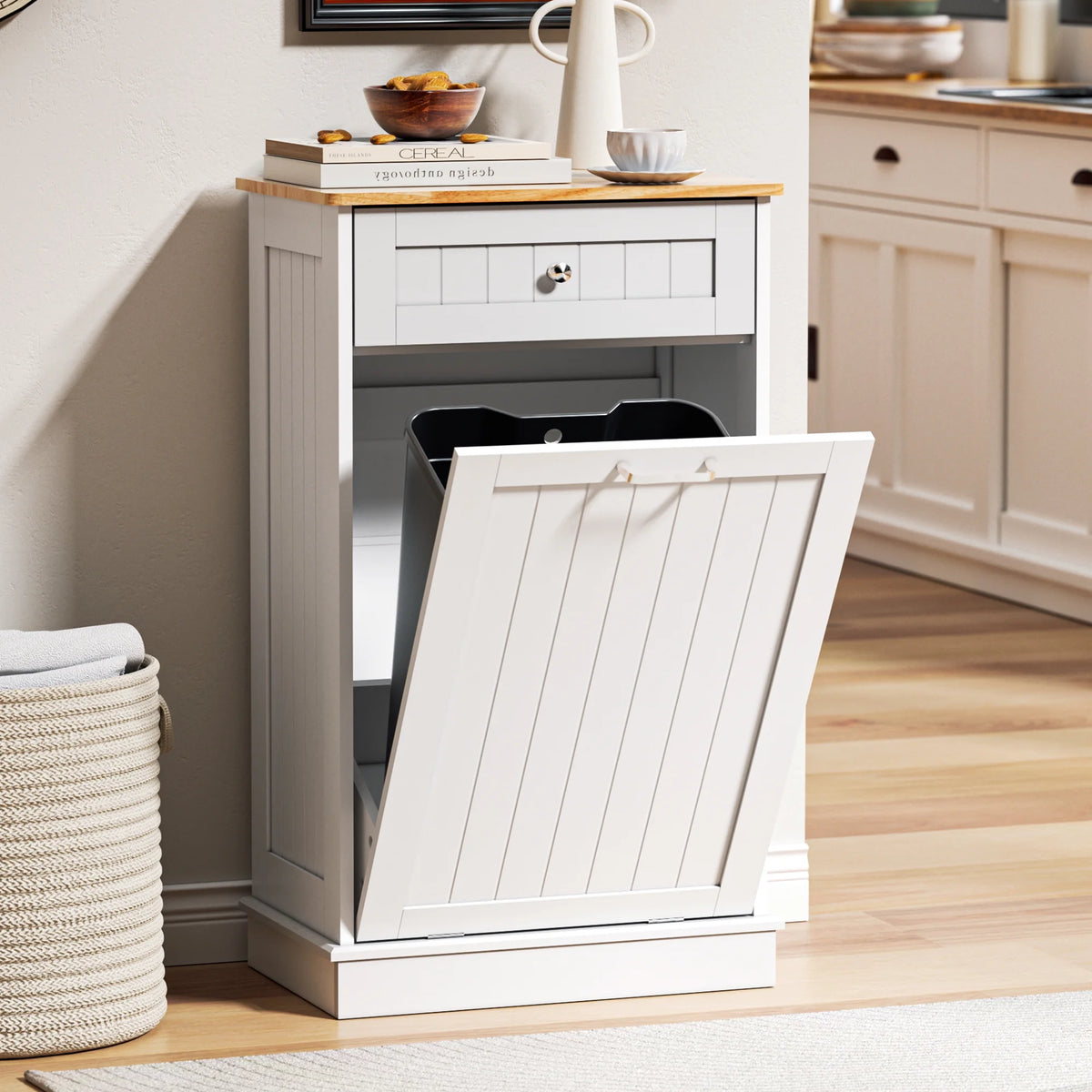 HARIPUL Single Tilt-Out Trash Cabinet For 13 Gallon Waste Bin, White