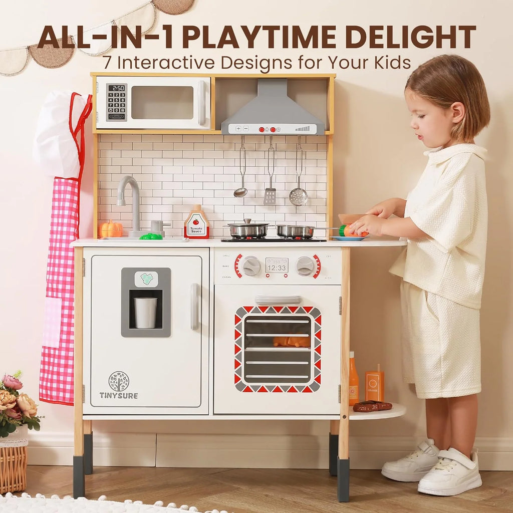 TINYSURE Kids' Wooden Play Kitchen With Lights, Sounds And Toy Food Set - B0CBQF1KCQ