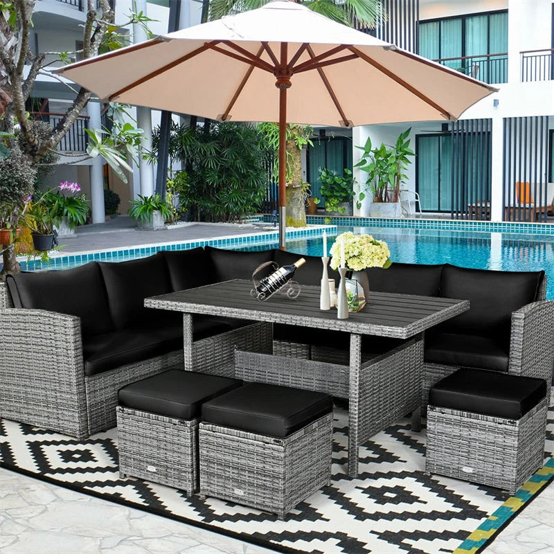 7-Piece Rattan Patio Dining Set With 3 Corner Chairs, 3 Ottomans And Table