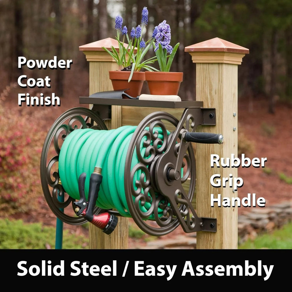 Steel Wall Mount Garden Hose Reel With Shelf, 125 Feet 5/8-Inch Capacity