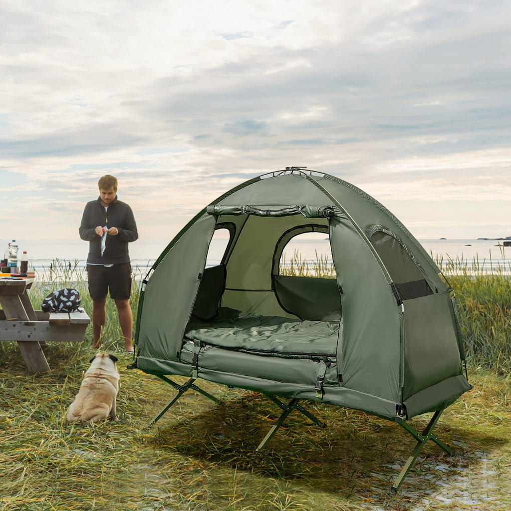 5-in-1 Folding Camping Cot Tent With Air Mattress, Pillow And Sleeping Bag - Green & Blue, 77in x 35in x 66in