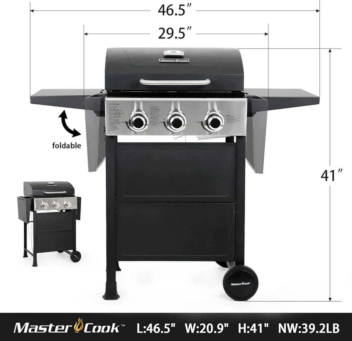 MASTER COOK 3-Burner Propane Gas Grill, 30,000 BTU, Black