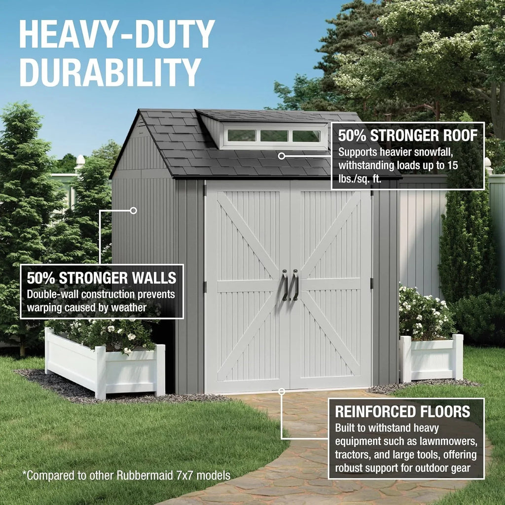 Rubbermaid Resin Outdoor Storage Shed With Floor, 7 x 7 Ft, Gray