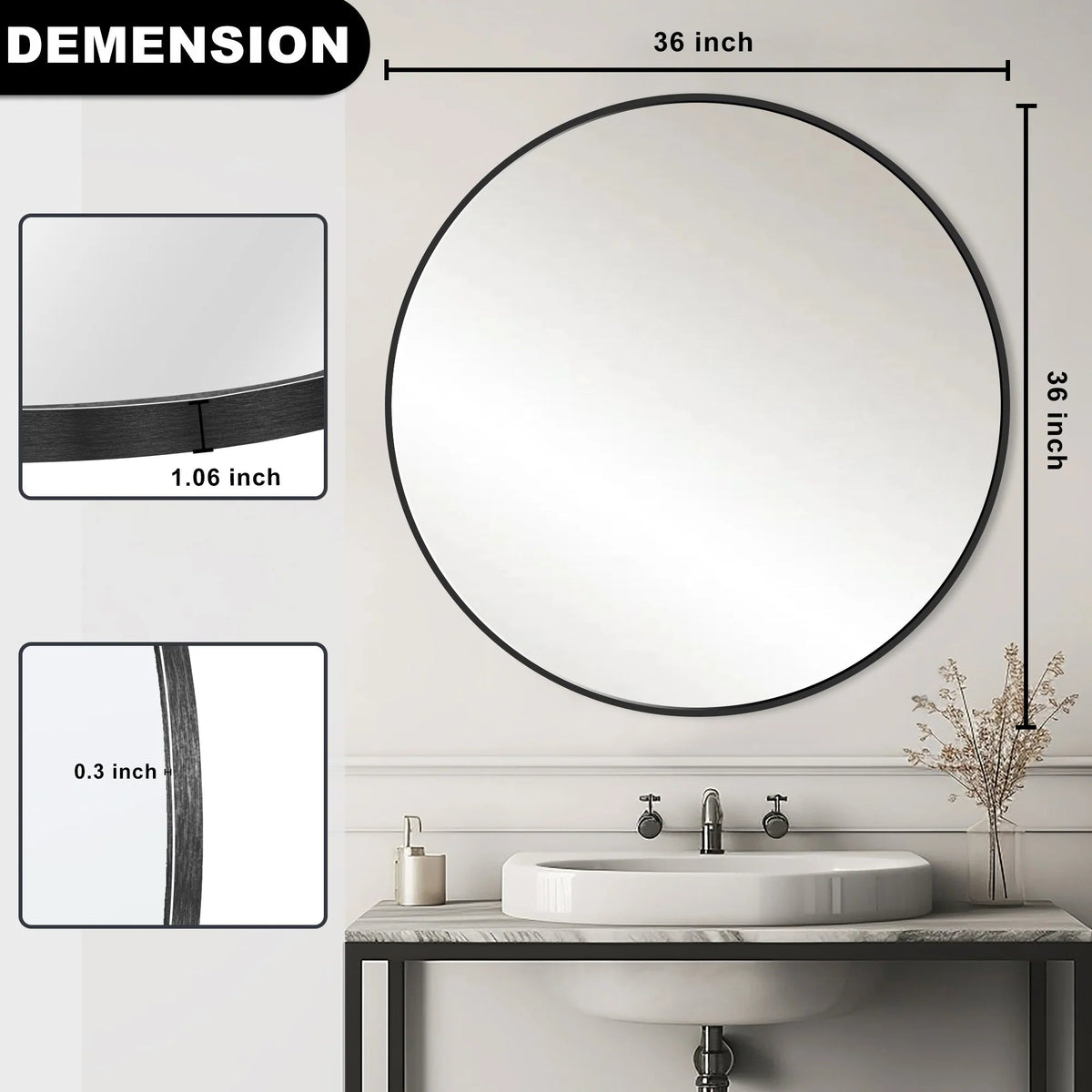 Round Bathroom Vanity Mirror, 24x24 / 36x36, Black, Brushed Gold or Silver