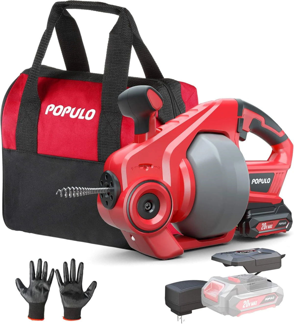POPULO 20V Cordless Electric Drain Auger, 25 Ft Auto-Feed, 2.0Ah Battery, 3/4 in-2 in Pipes